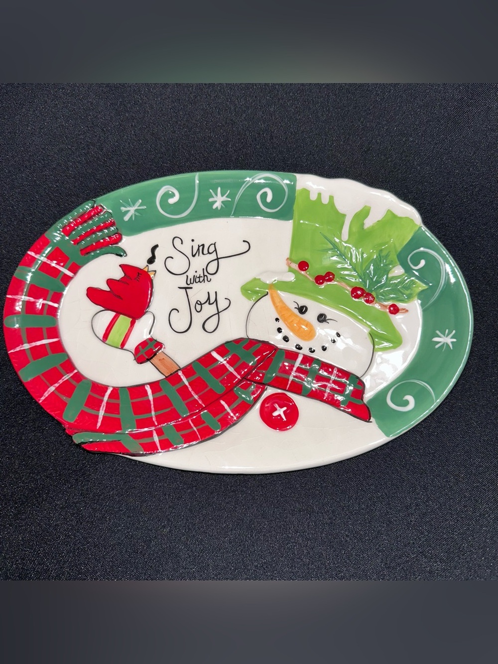 Fitz and Floyd Holly Hat Snowman 'Sing with Joy' Holiday Platter serving dish